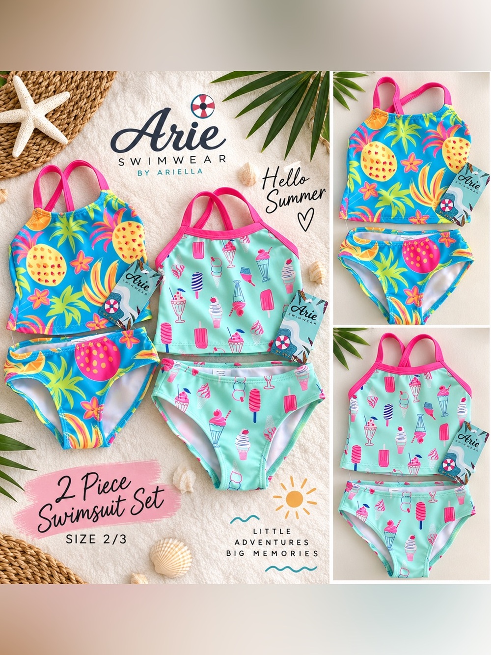 Arie Swimwear Girls 2-Piece Swimsuit Bundle Size 2/3 NWT Vacation Swimwear